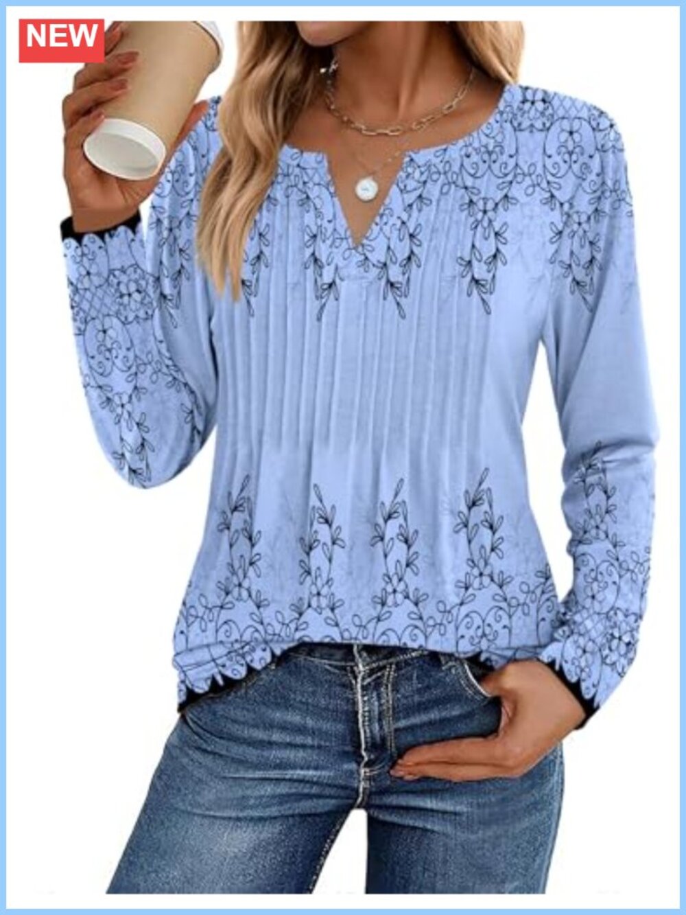 Women's Long Sleeve V-Neck Pleated Tunic Blouse Dressy Casual Loose Fit Flowy